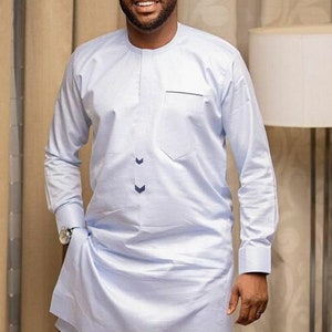 Camicia e pantaloni kaftano da uomo bianchi, abbigliamento alla moda africana, abbigliamento africano