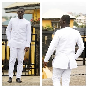 All White Long Sleeve Shirt and Trousers African Clothing Men&#39;s Wear
