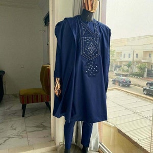 Navy Blue Agbada Babariga 3Pieces Men&#39;s Kaftan African Clothing African Groom Suit