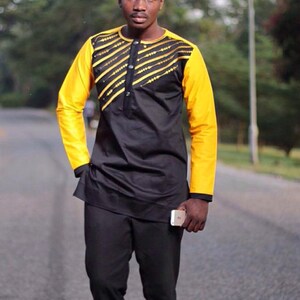 Camicia e pantaloni a maniche lunghe da uomo gialli e neri, abbigliamento africano, caftano da uomo