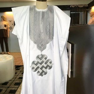 White and Grey Agbada Babariga 3 Pieces Men Groom Suit African Clothing for Men