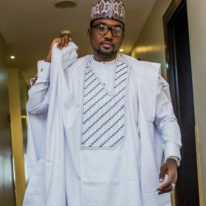 White and Blue Agbada Babariga 3 Pieces Men Groom Suit African Clothing for Men