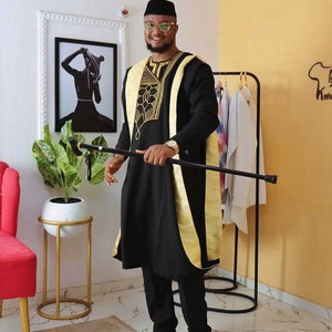 Gold and Black Agbada Babariga 3 Pieces Men Groom Suit African Clothing for Men