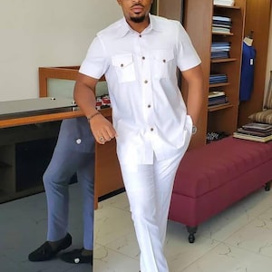 Camicia e pantaloni kaftano da uomo completamente bianchi, abbigliamento africano, abbigliamento alla moda africana