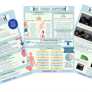 Può includere: Tre poster educativi blu e bianchi sull'anatomia delle vene, il Doppler venoso e il protocollo venoso. I poster includono illustrazioni, diagrammi e testo che spiegano i diversi tipi di vene, come eseguire un'ecografia Doppler venosa e i passaggi coinvolti in un protocollo venoso.