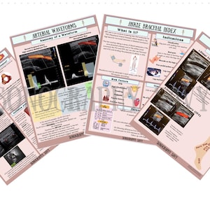 May include: A collection of medical educational posters on a white background. The posters display diagrams, text, and medical imaging related to arterial waveforms, ankle brachial index, and arterial protocols. The posters are in shades of pink, white, and black.