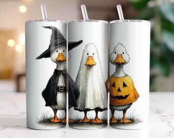 Söt Halloween-anka, tumblerwrap, häxa, spöke och pumpa-kostym, höstgårdsankor, sublimeringsdesign, rak tumblerwrap, PNG-fil