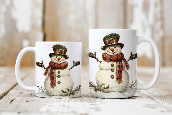Snowman Mug Wrap PNG 11 oz and 15 oz Christmas Watercolor Coffee Cup Sublimation Design Digital Download
