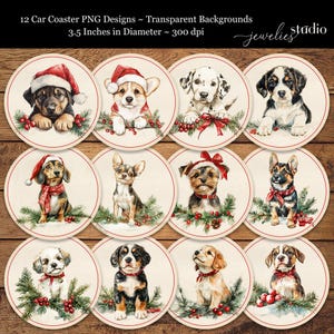 Christmas Puppies Car Coaster Sublimation Design Watercolor Puppy Ornament Design Dog Coaster Digital Download Transparent PNG Format