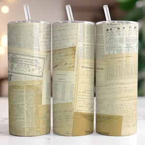 Carta vintage collage da 20 oz, tumbler sottile, design a sublimazione, carta vintage dritta a strati, effimera, tumbler avvolgente, download digitale PNG