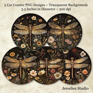 Golden Dragonfly Car Coaster Sublimation Design Dragonfly Muted Wildflower Nature Coaster Design Digital Download Transparent PNG Format