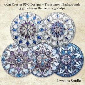 May include: Five 3.5 inch diameter round car coasters with a stained glass design featuring a snowflake pattern in shades of blue, purple, and white. The coasters have a transparent background.