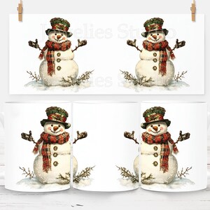 Snowman Mug Wrap PNG 11 oz and 15 oz Christmas Watercolor Coffee Cup Sublimation Design Digital Download image 2