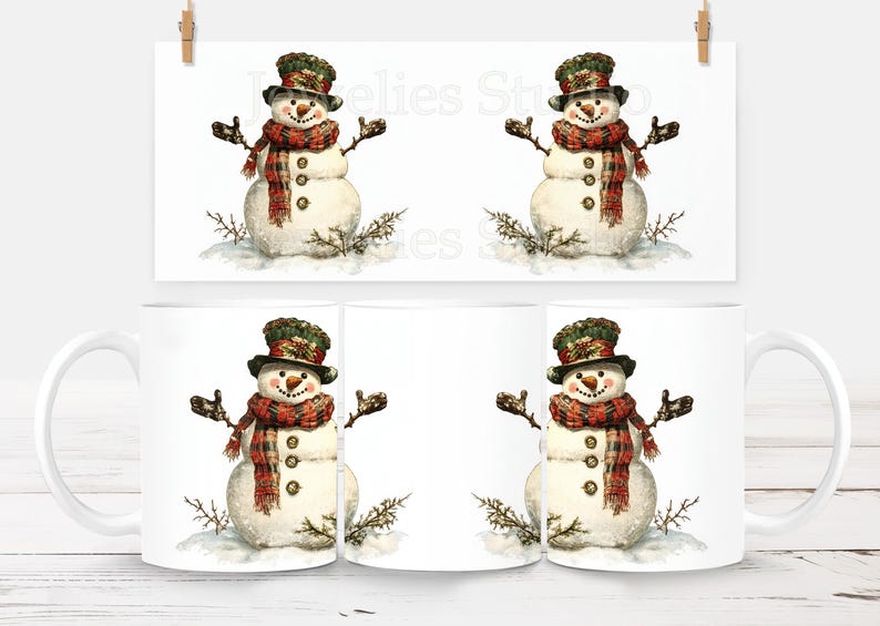 Snowman Mug Wrap PNG 11 oz and 15 oz Christmas Watercolor Coffee Cup Sublimation Design Digital Download image 2