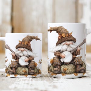 Gnome Mug Wrap Watercolor PNG 11 oz & 15 oz Mug Wrap Sublimation Fun Gnome Playing Banjo Design Autumn Gnome Coffee Mug Digital Download
