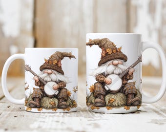 Gnome Mug Wrap Watercolor PNG 11 oz & 15 oz Mug Wrap Sublimation Fun Gnome Playing Banjo Design Autumn Gnome Coffee Mug Digital Download