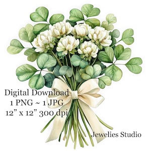 May include: A bouquet of white clover flowers with green leaves tied together with a cream-colored ribbon. The bouquet is 12 inches by 12 inches and 300 dpi.