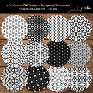 May include: Twelve black and white geometric designs for 3.5 inch diameter coasters. The designs are circular and feature various patterns, including stars, diamonds, and other abstract shapes.