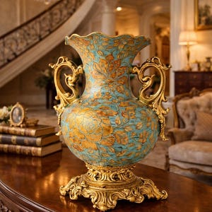 May include: An elaborate turquoise and gold vase featuring a floral pattern. The vase has two handles and rests on a decorative gold base. It is displayed on a dark wood table in a well-lit room.
