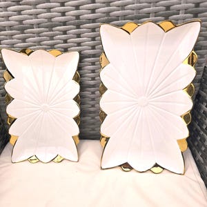 SET OF 2 X serving plates Porcelain Large 12 inch  and Medium Rectangle Service Platters, White with Gold