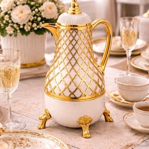 Vintage Arabic Thermo Flask, Gold Cream Coffee Pot, Dallah Style Carafe