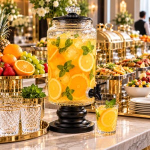 Distributeur de boissons en verre de 5 L avec robinet noir et couvercle à bouton en cristal - Grand distributeur de boissons, jus et eau pour fêtes, buffets et cuisines