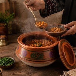 May include: A large, round, terracotta clay pot filled with a steaming chickpea curry, featuring a floral pattern in green and purple. A metal ladle is used to serve the chickpeas into a small, matching clay bowl, with steam rising above.