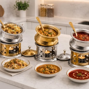 May include: Three metal serving pots with hammered textures, each resting on a matching metal warmer stand with a lit tea light candle inside. Each pot includes a lid and a gold-toned serving spoon, accompanied by three white bowls of food.
