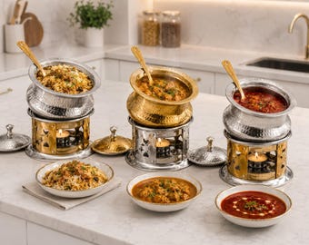 1xHandi Pot wirh Warmer Stand Set ..Silver or  Gold Indian Serving Dishes for Curry Biryani  Buffet