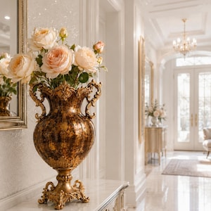 Peut inclure: Un vase décoratif en forme d'urne avec une finition marbrée brun foncé et des anses ainsi qu'une base dorées ornées. Le vase contient un bouquet de roses couleur pêche pâle et crème, aux pétales superposés et tiges vertes.