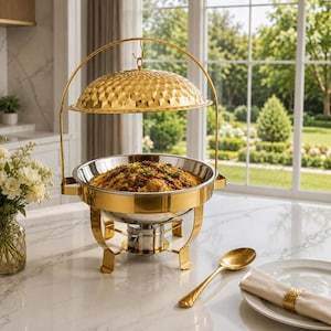 Könnte beinhalten: Ein goldfarbener Chafing-Dish aus Edelstahl mit gehämmertem Kuppeldeckel, rundem Sockel und zentralem Heizfach. Das Gefäß enthält eine Portion gelben Reis mit Fleisch und wird von einem passenden goldfarbenen Servierlöffel begleitet.