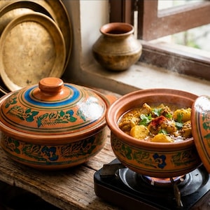 Op de afbeelding: Twee ronde terracotta kookpotten met deksels, voorzien van handgeschilderde groene en blauwe bloemmotieven. Eén pot is afgedekt, terwijl de andere open is en een dampende stoofpot met aardappelen en kruiden op een gasfornuis onthult.