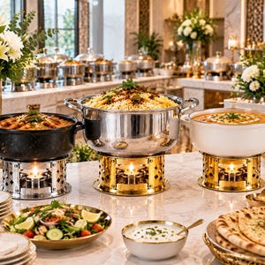 May include: A catering display featuring three large pots on gold-toned metal stands with lit tea lights. The centre pot holds rice, the left is a dark speckled pot with stew, and the right is a white pot with sauce. A salad and bread are nearby.