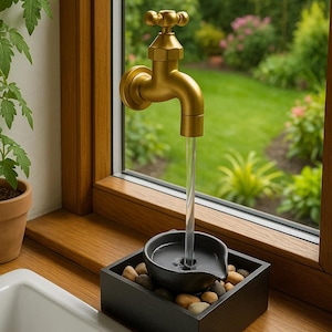 May include: A gold-coloured tap water feature with water flowing into a black bowl set in a wooden box with pebbles. The fountain is positioned near a window, offering a view of a garden with green grass and plants.