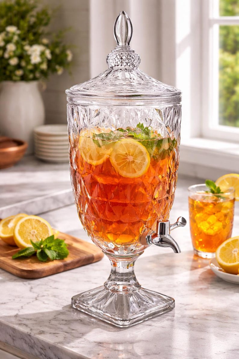 Crystal Beverage Dispenser With Tap, Diamond-cut Glass Drink Server ...