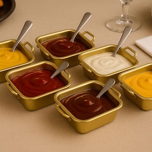 Puede incluir: Una colección de pequeños cuencos cuadrados dorados llenos de varios condimentos, incluyendo mostaza amarilla, ketchup y una salsa blanca cremosa. Cada cuenco tiene una pequeña cuchara plateada. Un plato de comida está en el fondo.