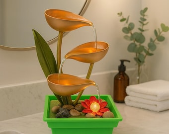 Gold Lotus Tabletop Indoor Water Fountain 21.5cm LED Quiet Pump Pebbles 14x14cm