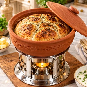 May include: A round terracotta clay pot with a matching lid, filled with golden-brown baked bread rolls topped with black sesame seeds. The pot rests on a circular stainless steel warming stand featuring heart-shaped cutouts and a lit tea light candle.