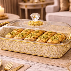 May include: A rectangular serving dish with a clear lid, filled with pastries. The dish has a gold beaded exterior and gold handles. A diamond-shaped ornament sits atop the lid. The pastries are topped with green sprinkles.