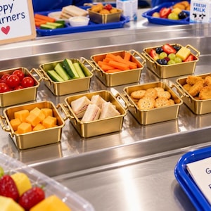 Könnte beinhalten: Eine Sammlung kleiner, quadratischer Servierschalen aus goldfarbenem Metall mit seitlichen Griffen, die jeweils mit verschiedenen Lebensmitteln wie Kirschtomaten, Gurkensticks, Karotten, Obst, Käsewürfeln, Sandwiches, Crackern und Nuggets gefüllt sind.