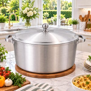 Puede incluir: Una olla grande y redonda de aluminio cepillado con dos asas laterales y una tapa a juego que presenta un pomo esférico central. La olla tiene un acabado metálico liso y se asienta sobre una base circular de madera resistente.