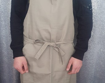 UNISEX  light brown  cotton adult  bib aprons with pockets for many purposes  /keyworkers/barbers/office wear/workwear/painting/barbeque