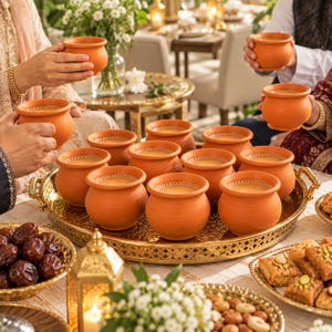 May include: A collection of small, round, terracotta-colored clay cups filled with a light brown beverage, arranged on a large, ornate gold-toned metal serving tray with handles, surrounded by bowls of dates and pastries.