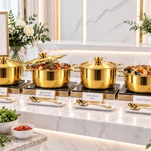 Könnte beinhalten: Vier goldfarbene Chafing-Dishes aus Edelstahl mit Deckeln, jeweils auf einem schwarzen Marmorsockel platziert. Die Behälter enthalten Pilzsuppe, Rinderschmorbraten mit Gemüse, Kräuter-Hühnereintopf und Meeresfrüchte, inklusive goldener Löffel.