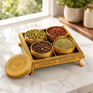 May include: A rectangular gold-toned metal spice box featuring intricate floral engravings and four small feet. The box contains four round, removable containers filled with green cardamom pods, red chilli flakes, black peppercorns, and fennel seeds.