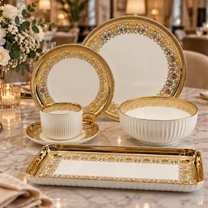 Luxury 32pc White Ribbed Dinnerware Set, Gold Rim Porcelain Tableware