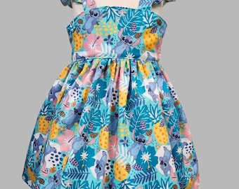 Vestido Stitch - Vestido Stitch para niña - Vestido Stitch para niñas pequeñas - Vestido Stitch con estampado de flores y piñas - Vestido Stitch hawaiano