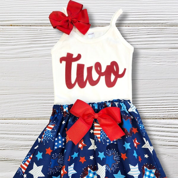 4 of July outfit, Patriotic Birthday Outfit, 2 Piece Birthday outfit, Red White - Blue skirt shirt, Applique Birthday Age Shirt, 4th of July