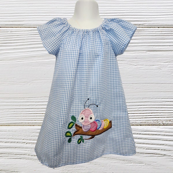 Peasant colorful caterpillar girl dress, Seersucker toddler dress, Birthday personalized dress, Seersucker gingham birthday summer dress