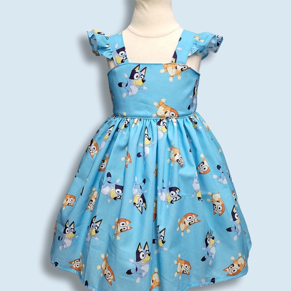 Blue dog inspired dress,  Birthday carton girls dress, Toddler blue dress, Dog birthday outfit